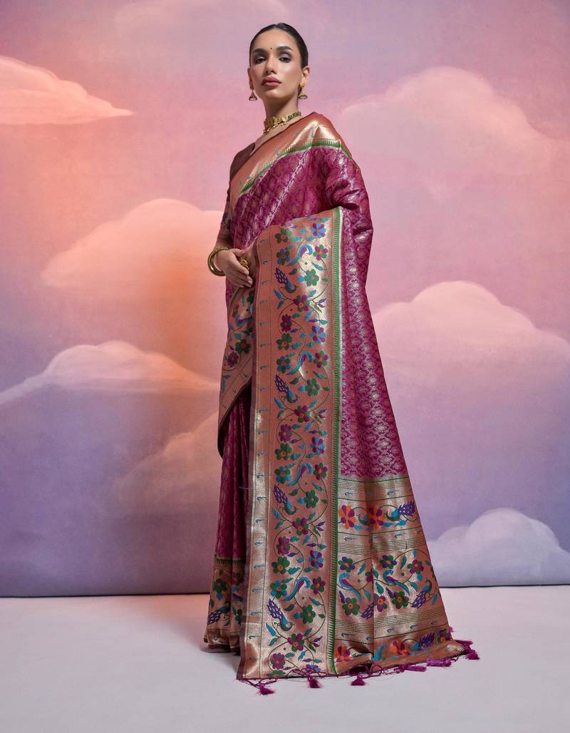 Wine paithani silk zari woven saree with blouse