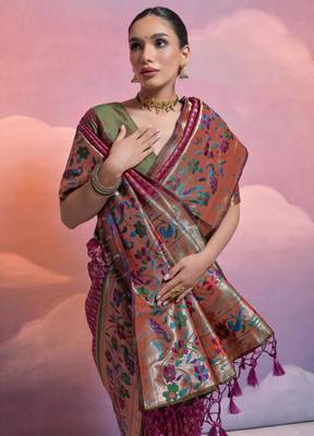 Wine paithani silk zari woven saree with blouse 3