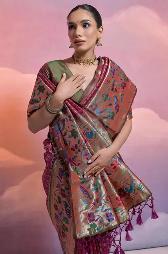 Wine paithani silk zari woven saree with blouse