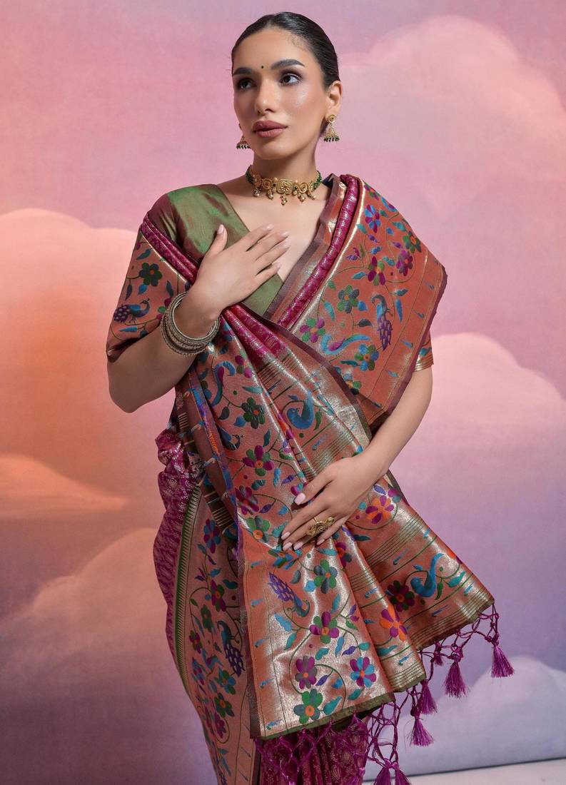 Wine paithani silk zari woven saree with blouse