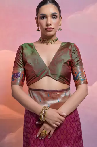 Wine paithani silk zari woven saree with blouse