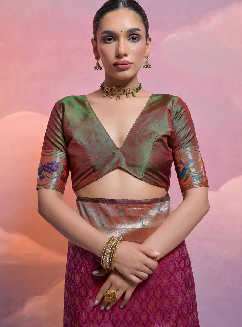 Wine paithani silk zari woven saree with blouse