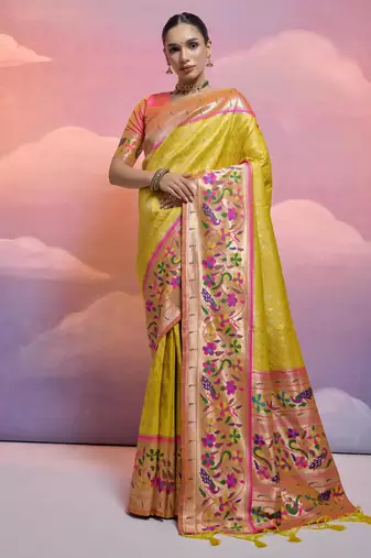 Yellow paithani silk zari woven saree with blouse