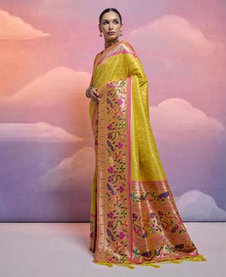 Yellow paithani silk zari woven saree with blouse 2
