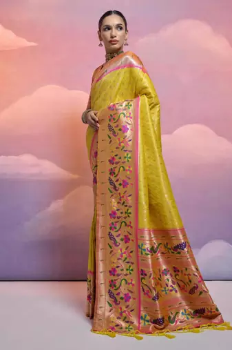 Yellow paithani silk zari woven saree with blouse