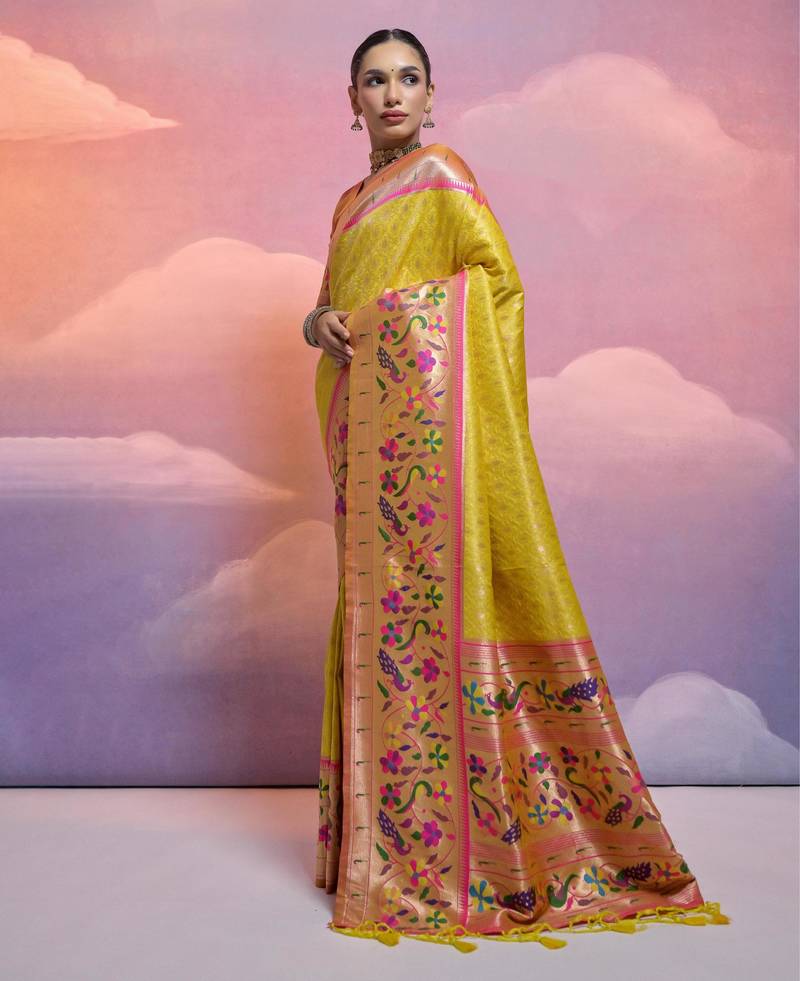 Yellow paithani silk zari woven saree with blouse