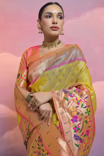 Yellow paithani silk zari woven saree with blouse