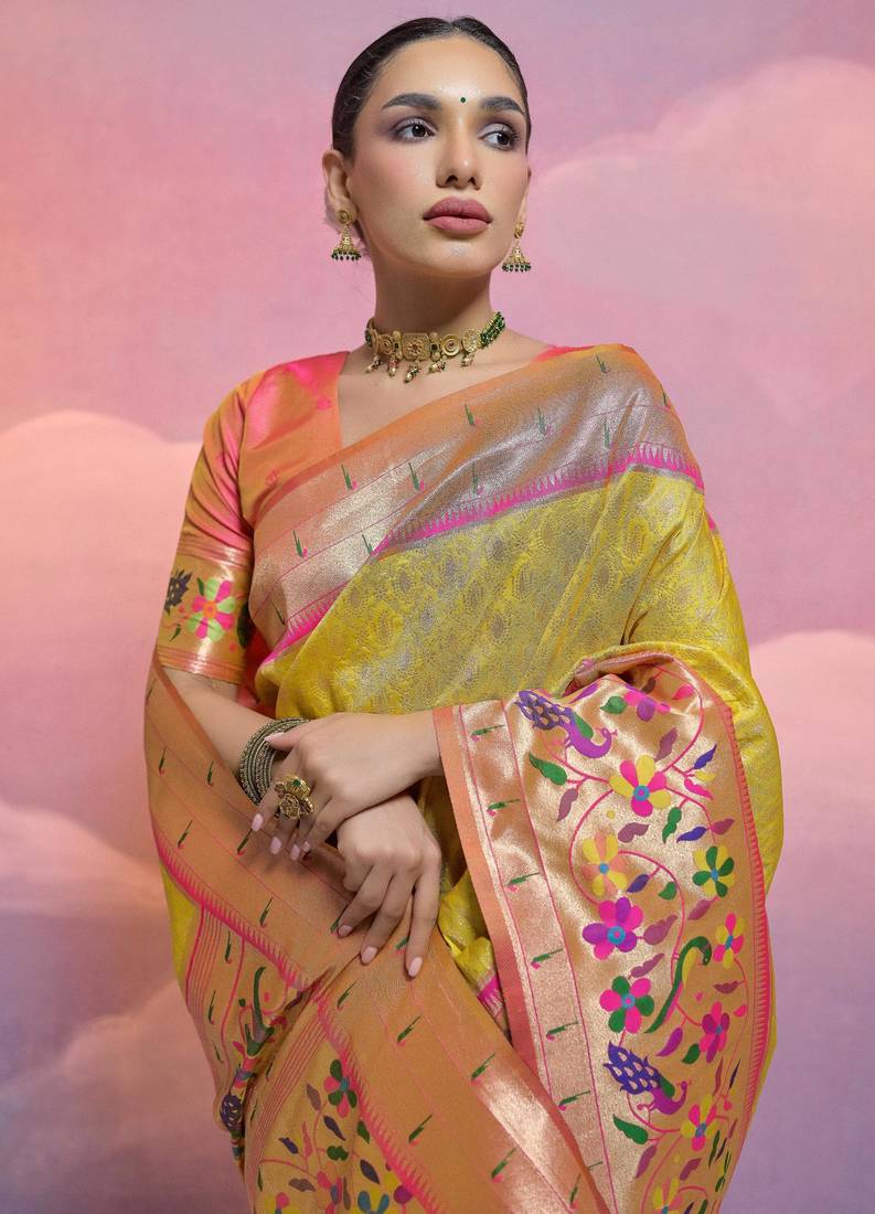 Yellow paithani silk zari woven saree with blouse