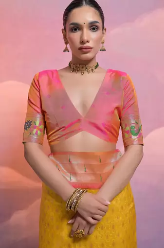 Yellow paithani silk zari woven saree with blouse
