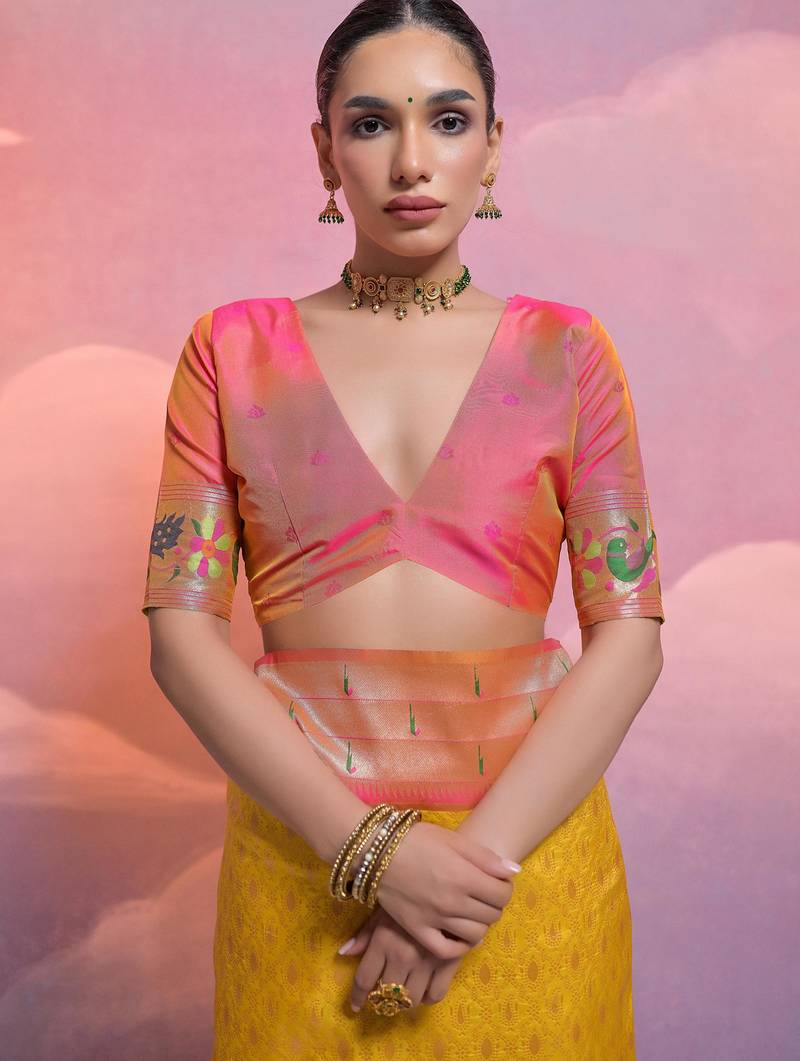 Yellow paithani silk zari woven saree with blouse