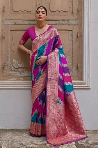 Multicolor banarasi silk zari woven saree with blouse