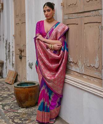Multicolor banarasi silk zari woven saree with blouse 3