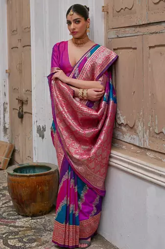 Multicolor banarasi silk zari woven saree with blouse