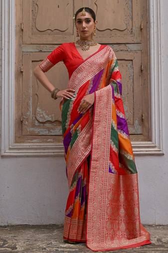 Multicolor banarasi silk zari woven saree with blouse