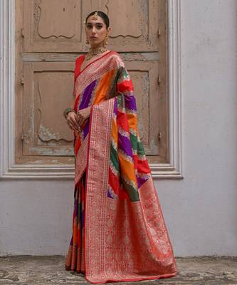 Multicolor banarasi silk zari woven saree with blouse 2