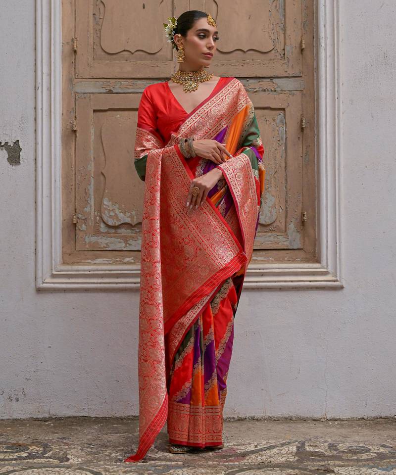 Multicolor banarasi silk zari woven saree with blouse