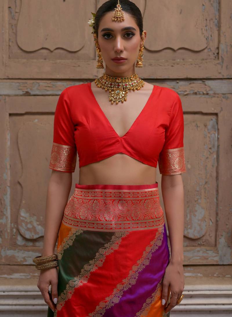 Multicolor banarasi silk zari woven saree with blouse