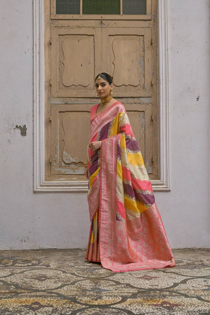 Multicolor banarasi silk zari woven saree with blouse