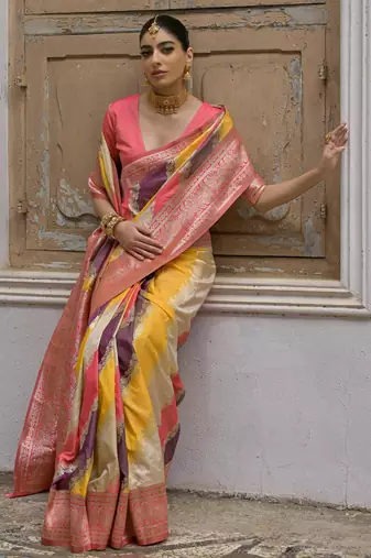 Multicolor banarasi silk zari woven saree with blouse