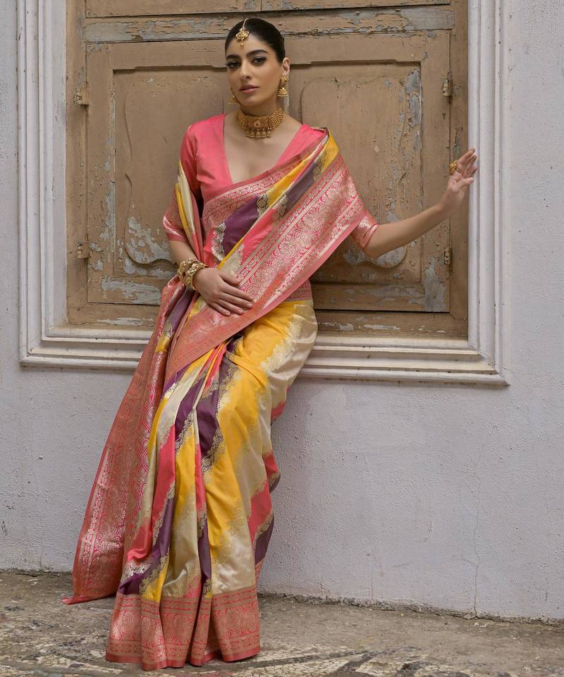 Multicolor banarasi silk zari woven saree with blouse