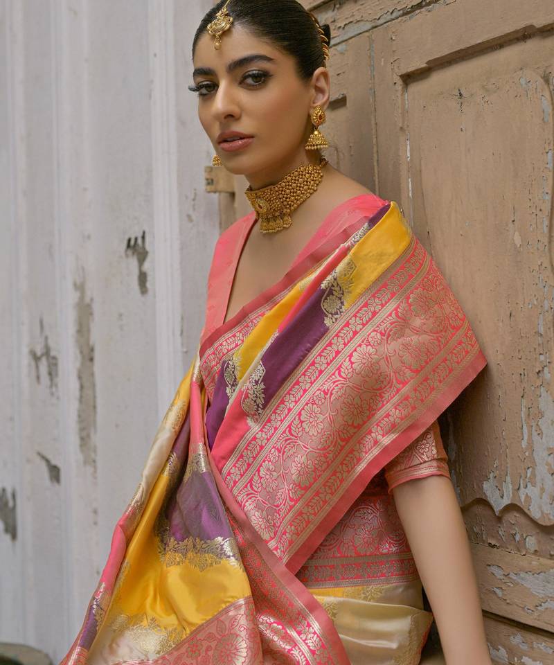 Multicolor banarasi silk zari woven saree with blouse