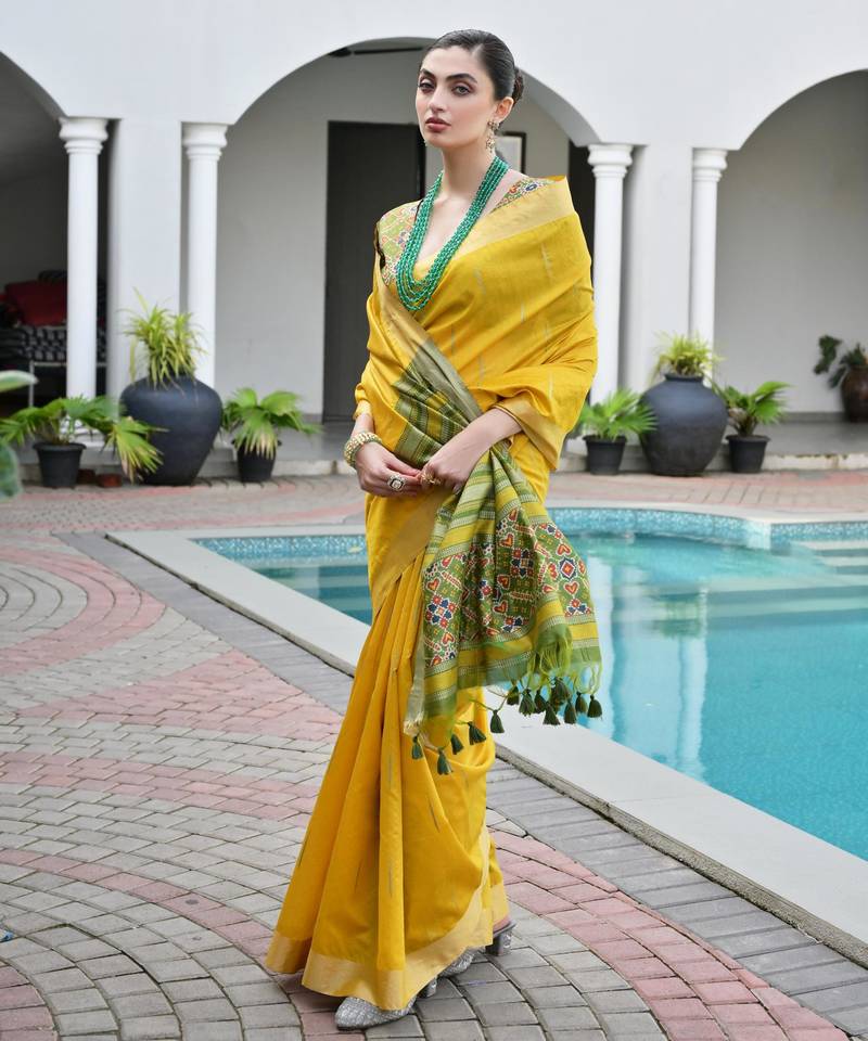 Yellow khadi raw silk meena weaving patola saree with blouse
