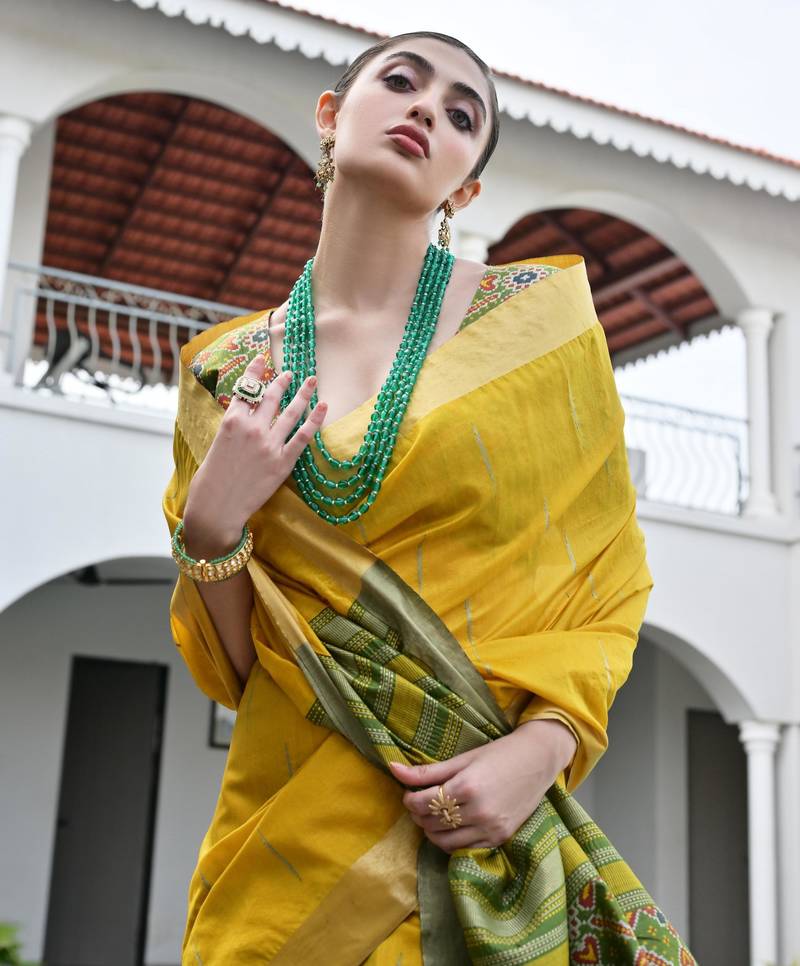 Yellow khadi raw silk meena weaving patola saree with blouse