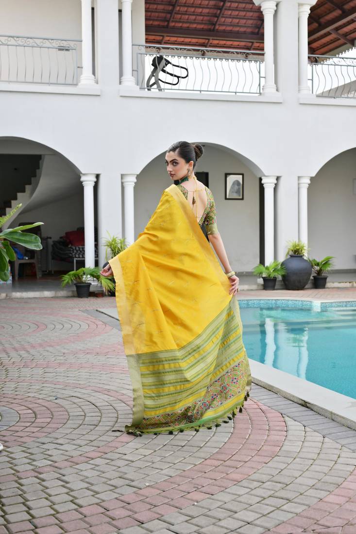 Yellow khadi raw silk meena weaving patola saree with blouse