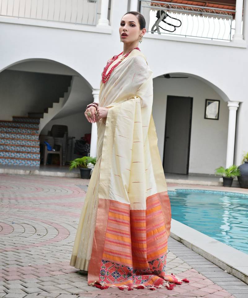 Off white khadi raw silk meena weaving patola saree with blouse