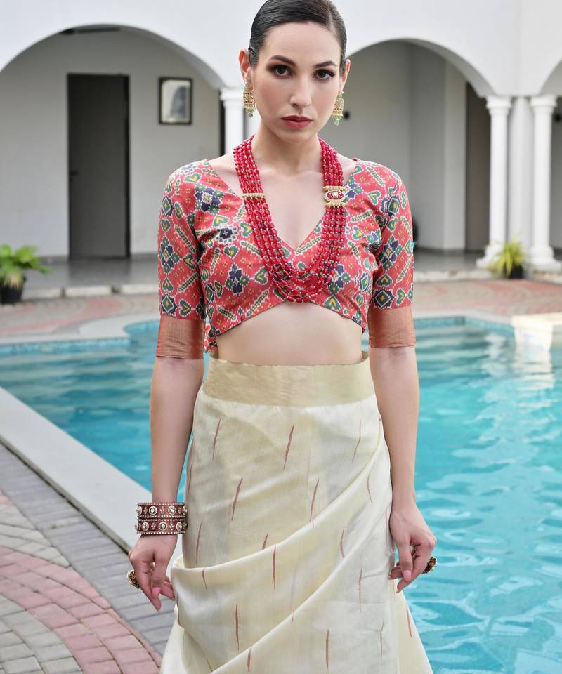 Off white khadi raw silk meena weaving patola saree with blouse