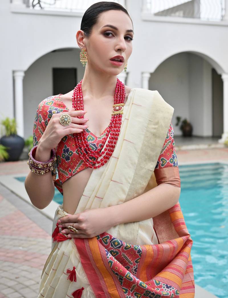 Off white khadi raw silk meena weaving patola saree with blouse