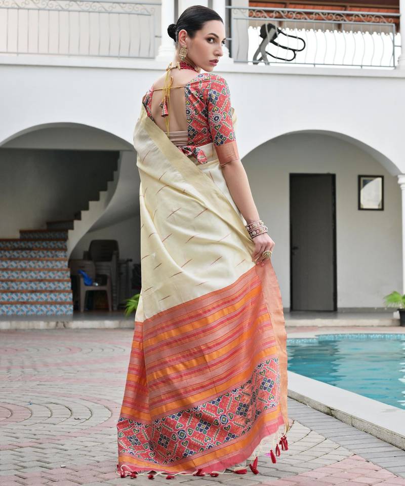 Off white khadi raw silk meena weaving patola saree with blouse