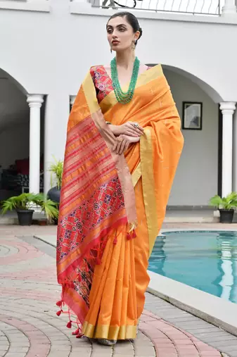 Orange khadi raw silk meena weaving patola saree with blouse