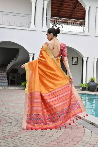 Orange khadi raw silk meena weaving patola saree with blouse