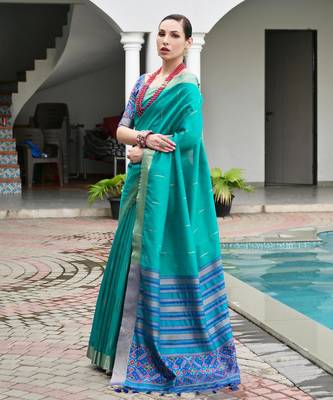 Firozi khadi raw silk meena weaving patola saree with blouse 2