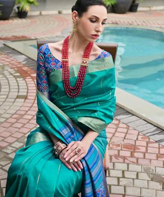 Firozi khadi raw silk meena weaving patola saree with blouse 4