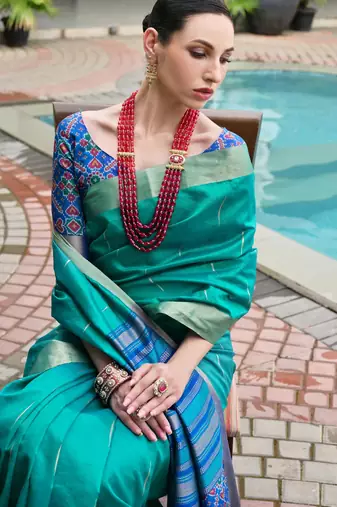 Firozi khadi raw silk meena weaving patola saree with blouse