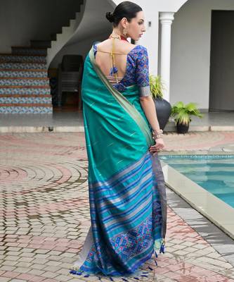 Firozi khadi raw silk meena weaving patola saree with blouse 5