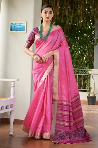 Pink khadi raw silk meena weaving patola saree with blouse