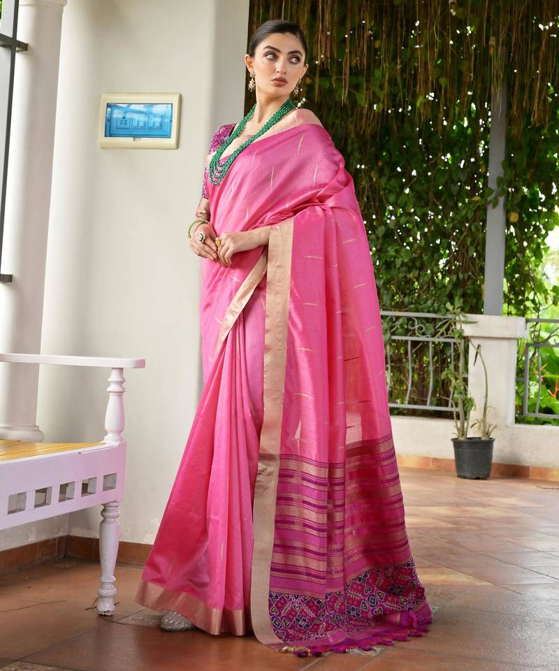 Pink khadi raw silk meena weaving patola saree with blouse