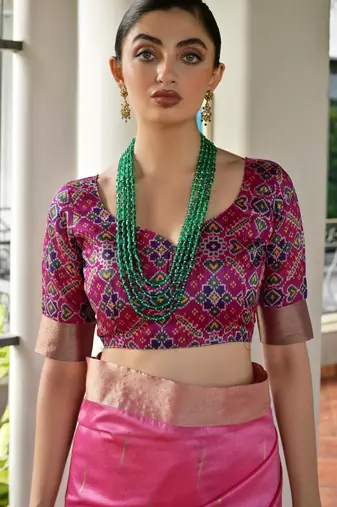 Pink khadi raw silk meena weaving patola saree with blouse