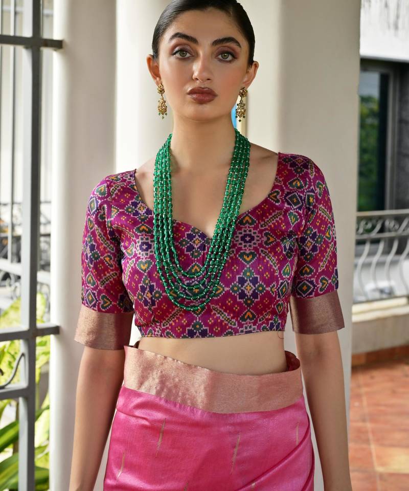 Pink khadi raw silk meena weaving patola saree with blouse