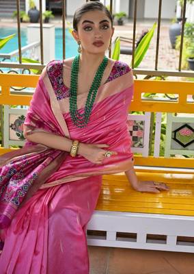Pink khadi raw silk meena weaving patola saree with blouse 4