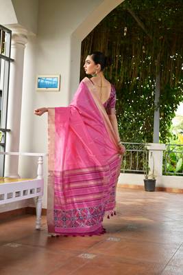 Pink khadi raw silk meena weaving patola saree with blouse 5