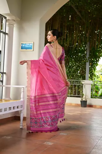 Pink khadi raw silk meena weaving patola saree with blouse