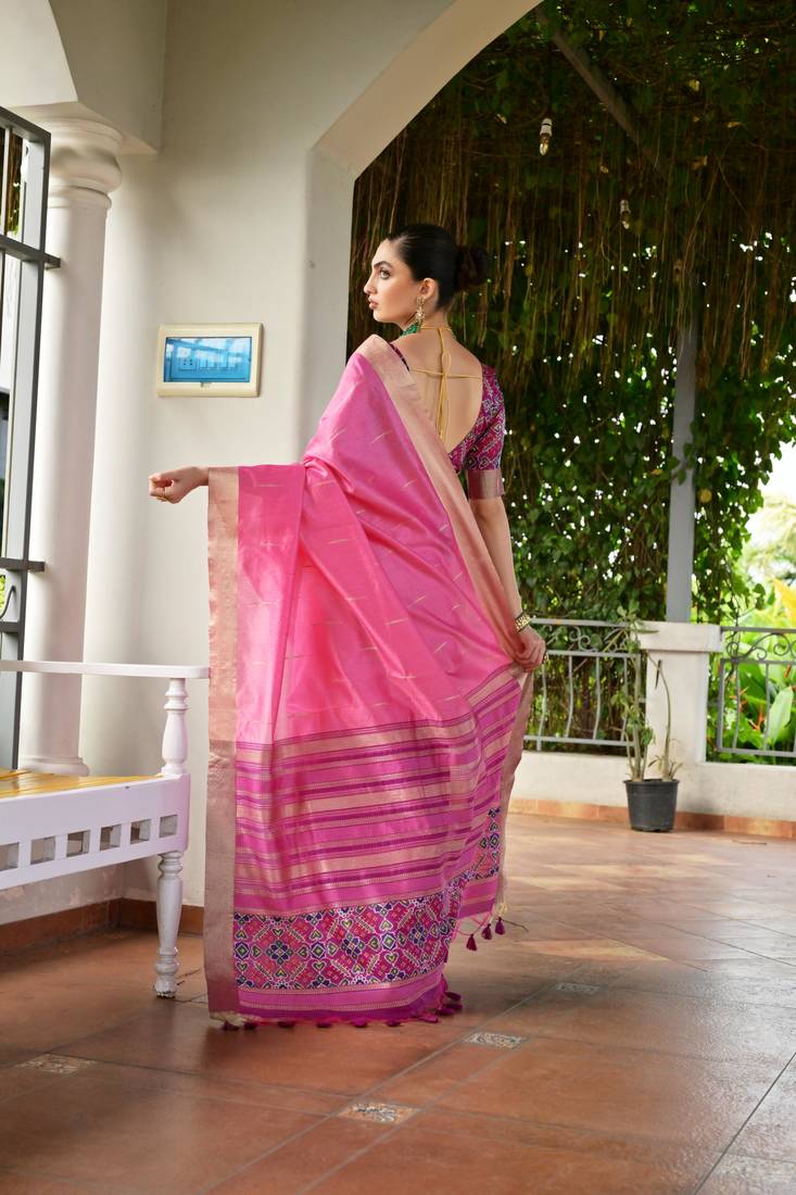 Pink khadi raw silk meena weaving patola saree with blouse