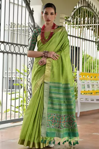 Green khadi raw silk meena weaving patola saree with blouse