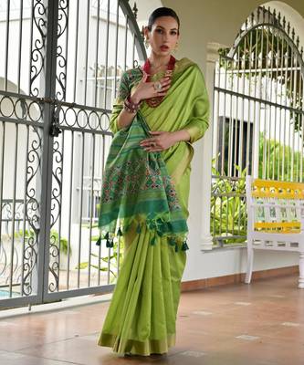 Green khadi raw silk meena weaving patola saree with blouse 2