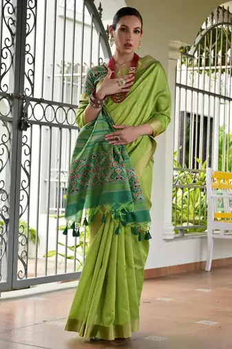 Green khadi raw silk meena weaving patola saree with blouse
