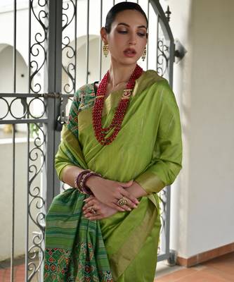 Green khadi raw silk meena weaving patola saree with blouse 4